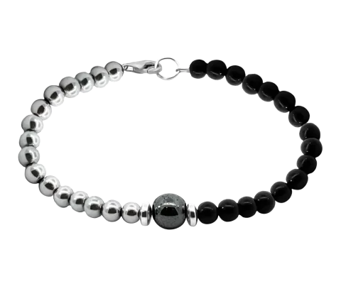 ZILIA Men Hematite Black & White Srebro 925 Mineral Zapestnica