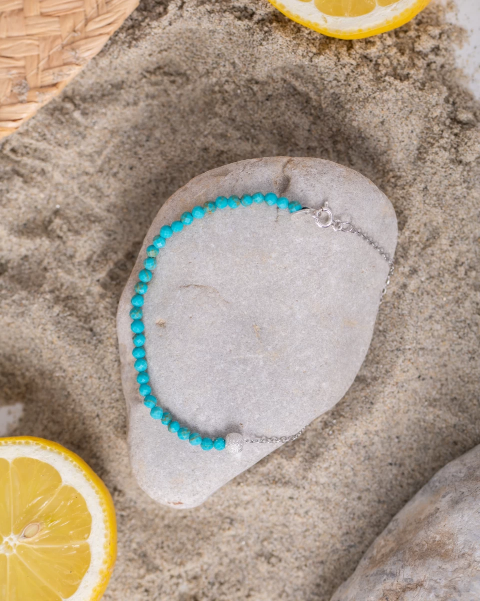 Zapestnica za gleženj s turkiznim dragim kamnom iz sterling srebra 925 z verižico